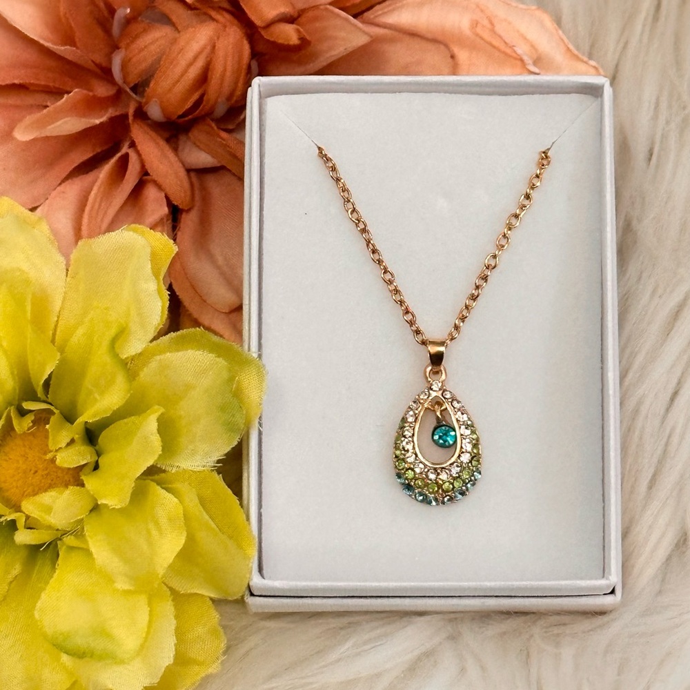 Gold Teardrop Pendant Necklace W/ Multicolor Blue White & Green Gemstones NEW!